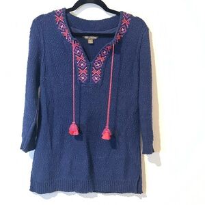 Tommy Bahama Navy Embroidered Sweater with Pink and Purple Accents - Size Small